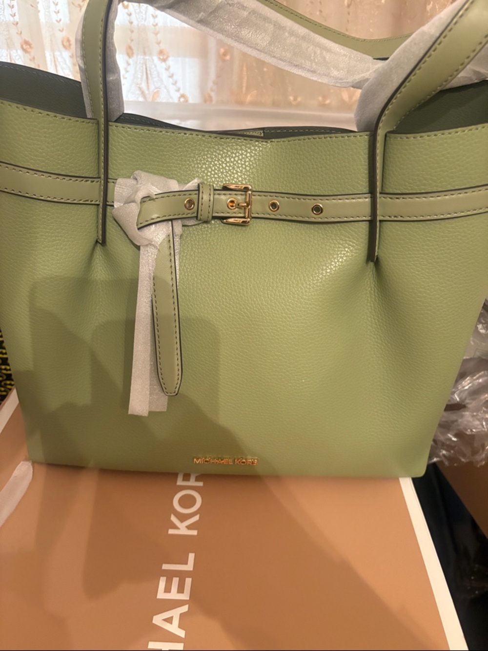 Michael Kors Light Olive Green Pebbled Leather Tote with Belt Detail